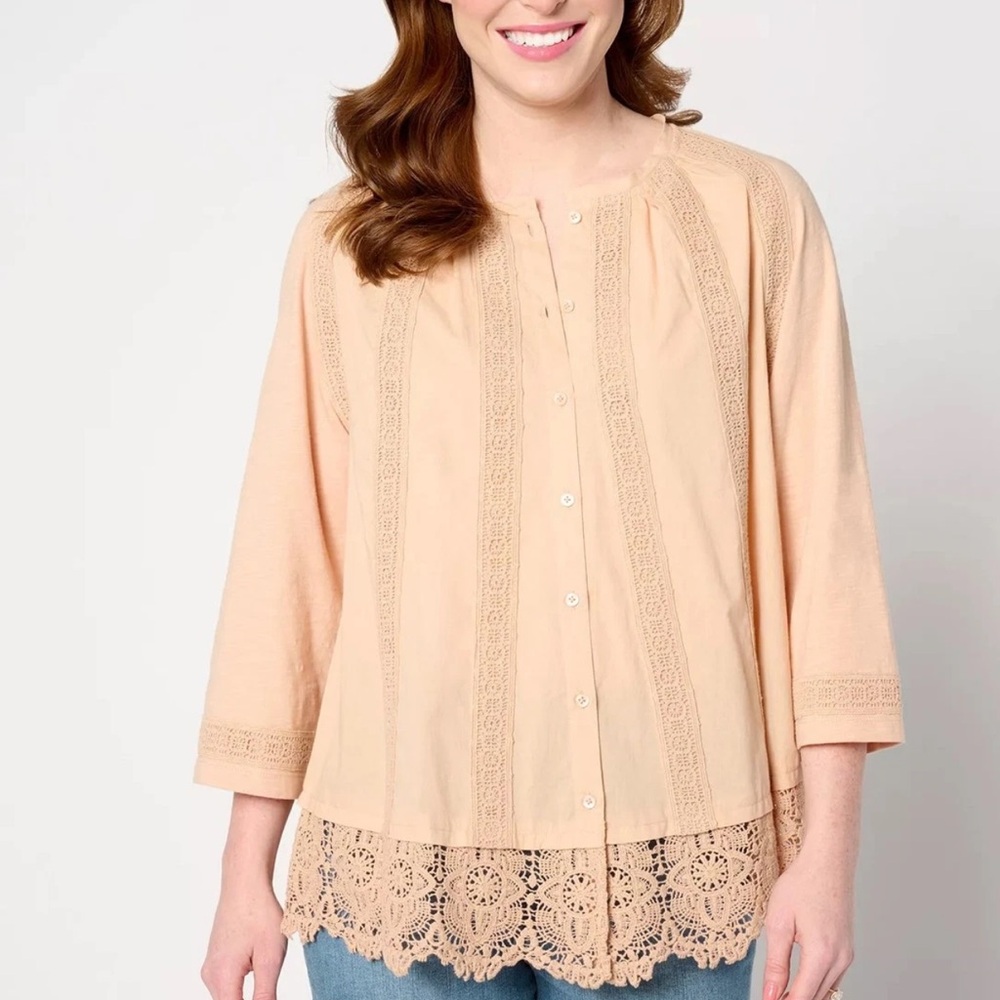 LOGO Lavish Peach Lace Trim Women's cotton button front Top